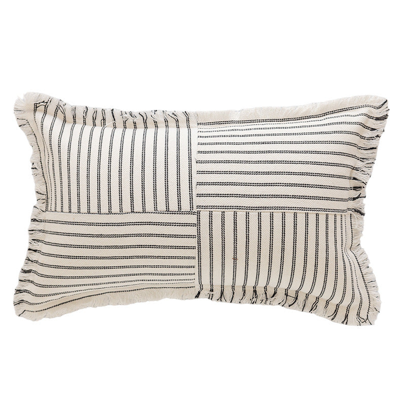 Decorative Rectangular Striped Patchwork Throw Pillow with Fringed Edges