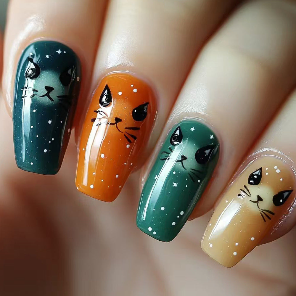 Artistic Cat-Themed Press-On Nail Art Kalsten