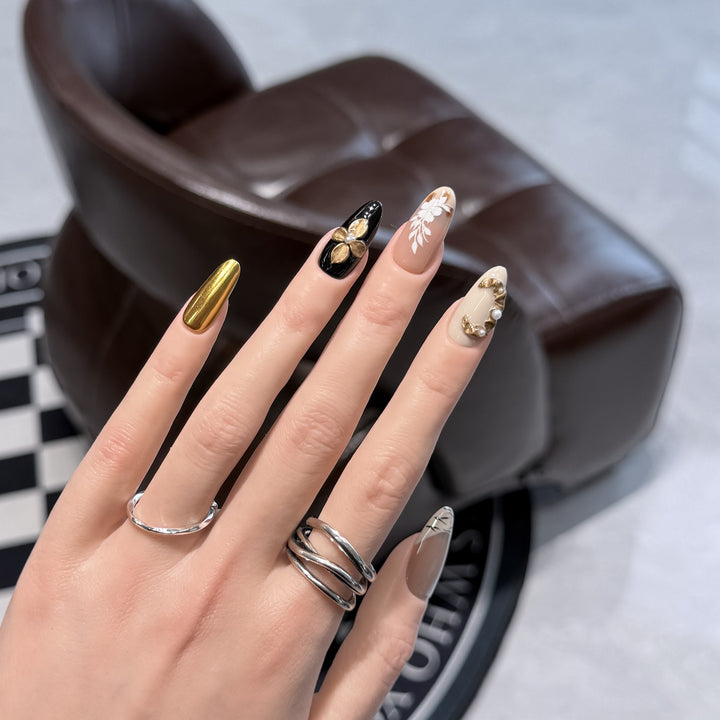 Artistic Press-On Nail Set with Decorative Floral Elements Kalsten