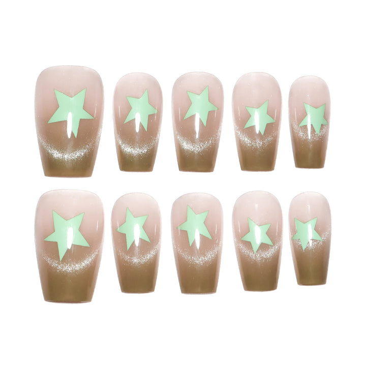 Artificial nail extensions with shimmer effect and star motifs Kalsten