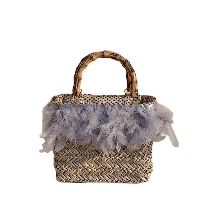 Elegant handbag with feathers and bamboo handles Kalsten
