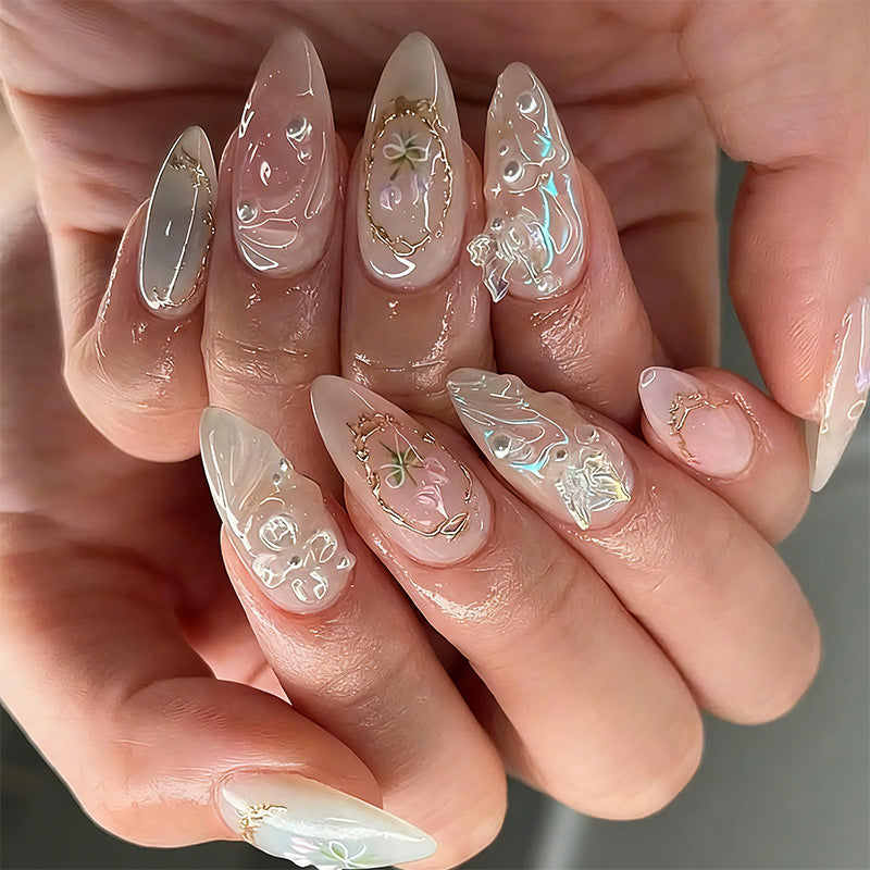 Elegant artificial nails with holographic and floral decorations Kalsten