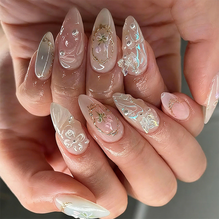 Elegant artificial nails with holographic and floral decorations Kalsten