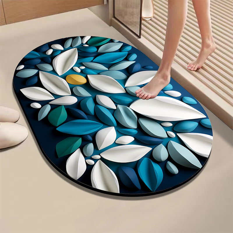 Artistic Leaf and Stone-Themed Bath Mat