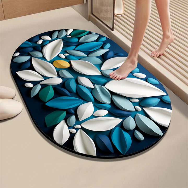 Artistic Leaf and Stone-Themed Bath Mat