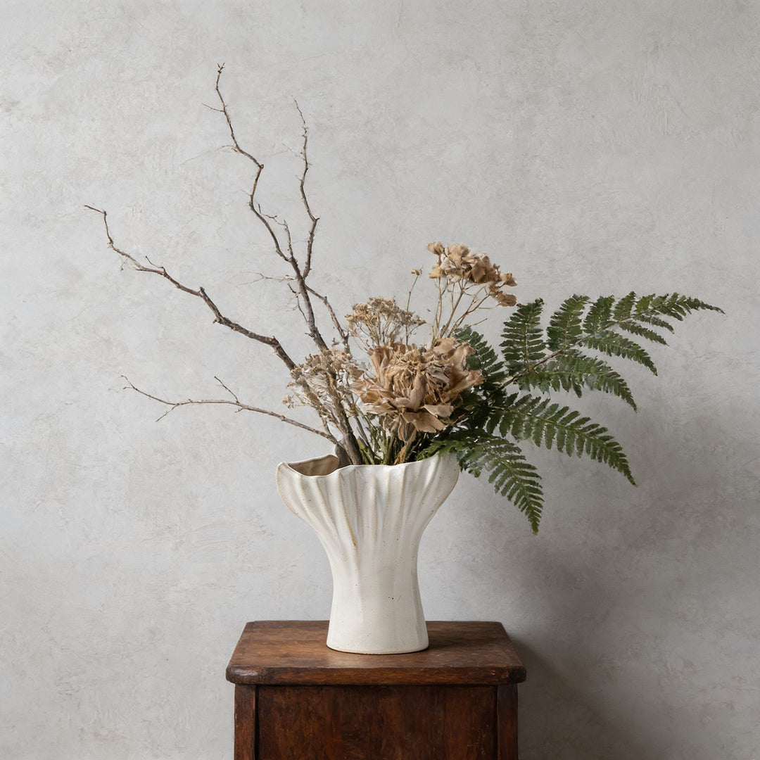 Decorative Ceramic Table Vase with Ruffled Flower Petal Edge
