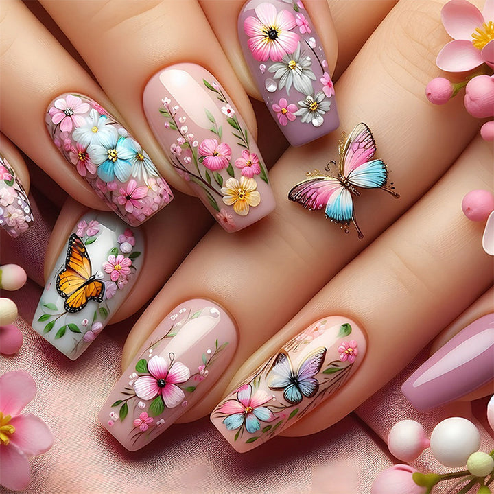 Artificial nail set with floral motifs and butterfly design Kalsten