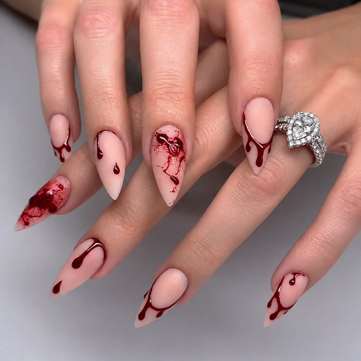 Artistic Press-On Nail Set with Blood Drip and Marble Design kalsten