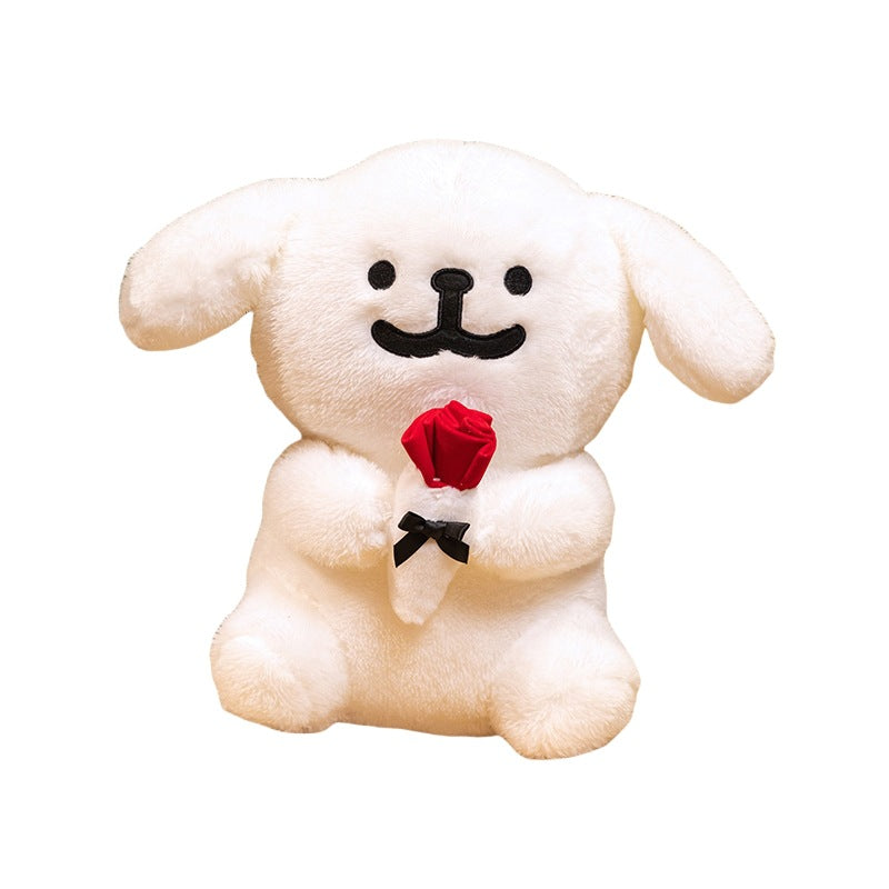 Plush Dog Holding Fabric Rose Decorative Soft Toy with Embroidered Face and Bow Kalsten