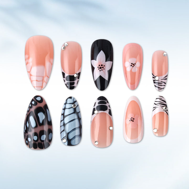 Artistic Press-On Nail Set with Floral and Textured Design Kalsten