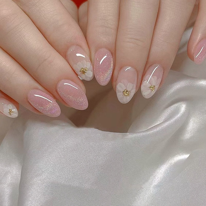 Artistic Floral Press-On Nails Set with Sparkling Accents Kalsten