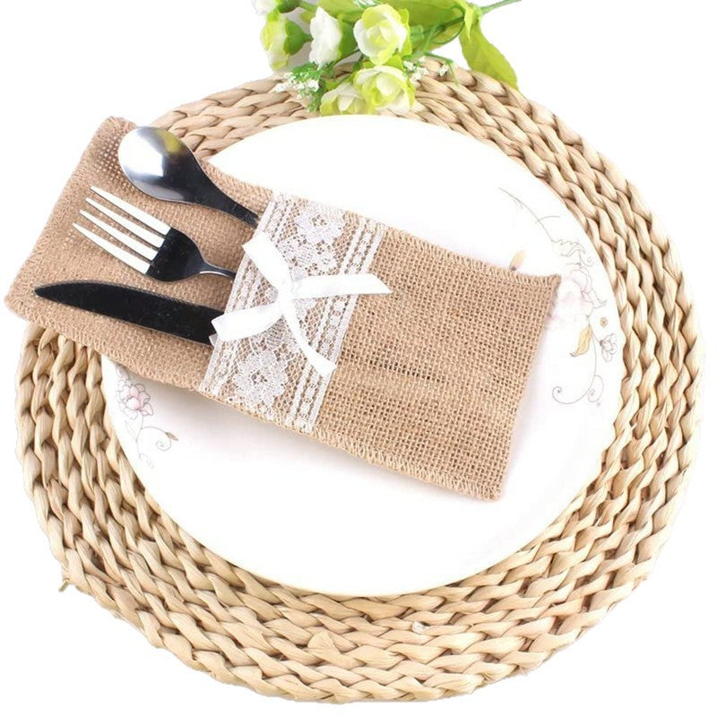 Decorative cutlery napkins made of jute with lace trim