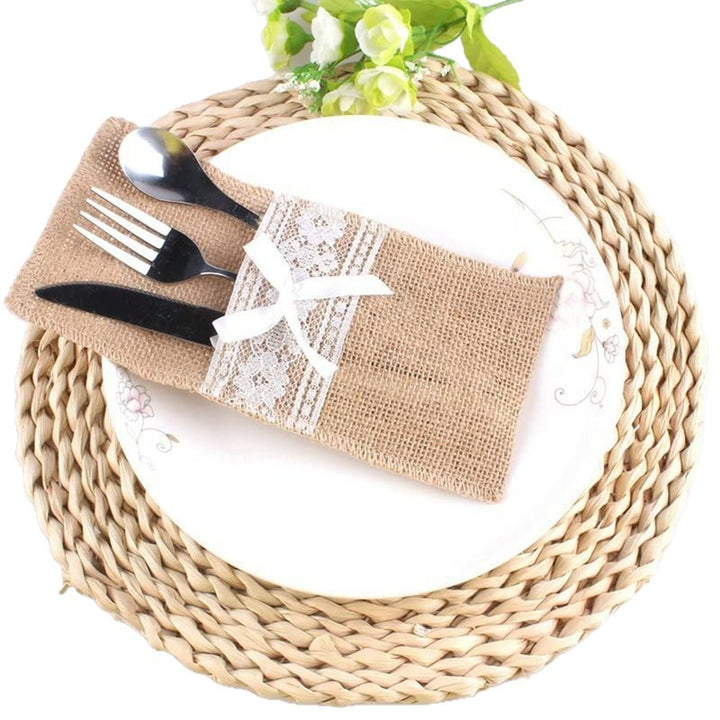 Decorative cutlery napkins made of jute with lace trim