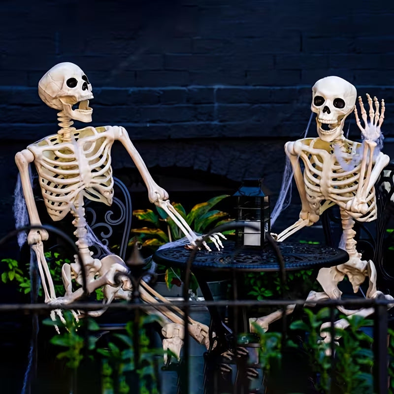 Life-size, posable decorative skeleton made of sturdy plastic with movable joints and stable stand construction