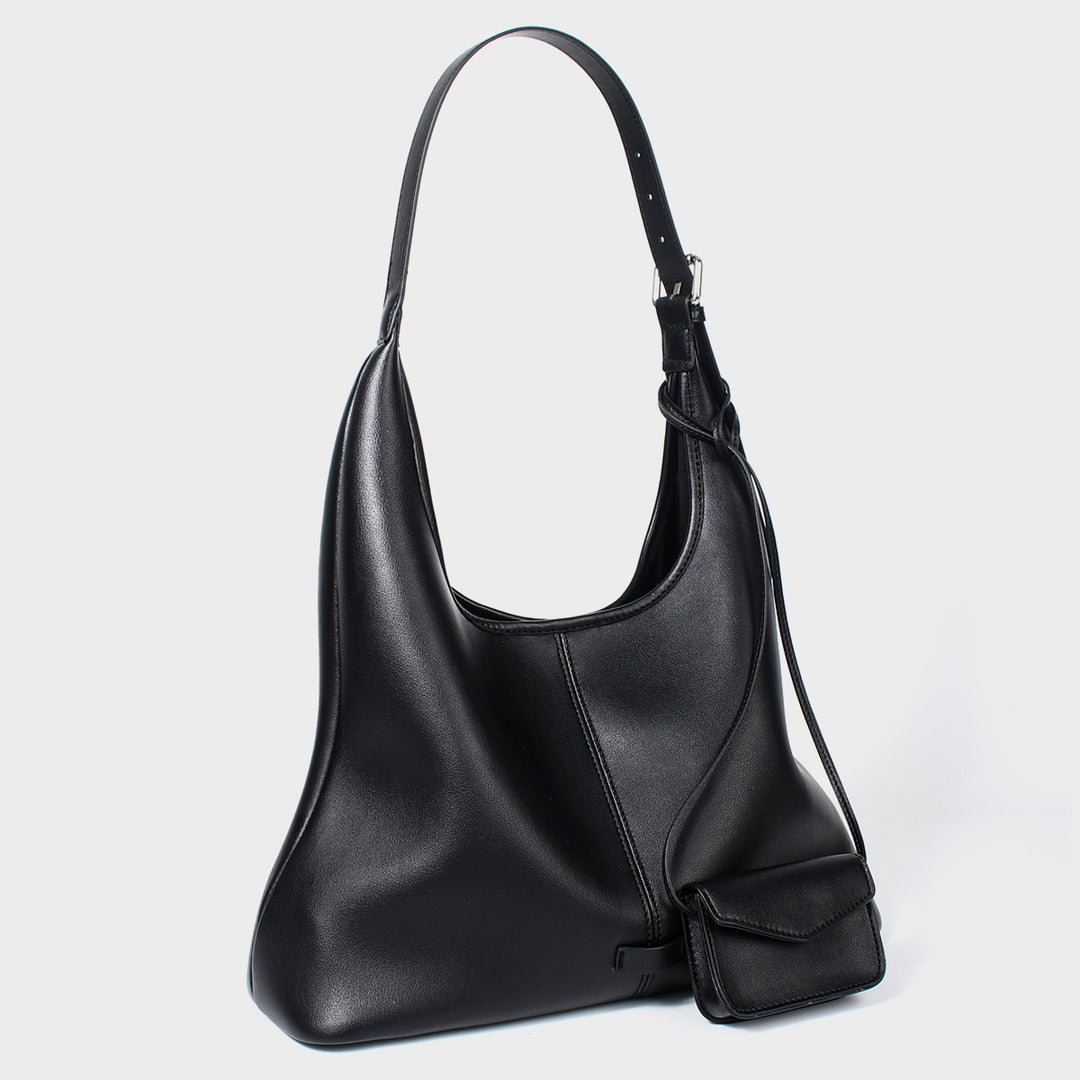Soft Curved Vegan Leather Shoulder Hobo with Detachable Mini Pouch
