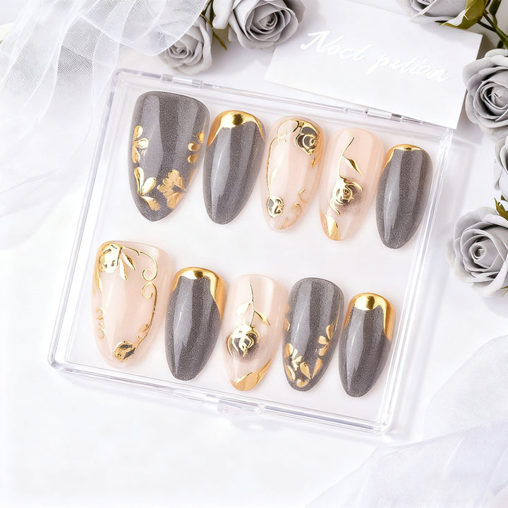 Ornate Press-On Nail Art Set with Gold Floral Accents