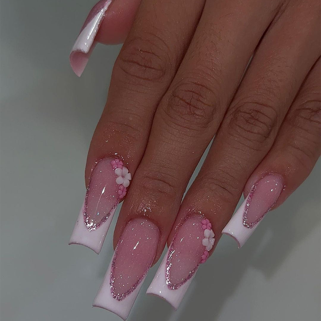 Artful Nail Extensions with Glitter and Flower Accents Kalsten