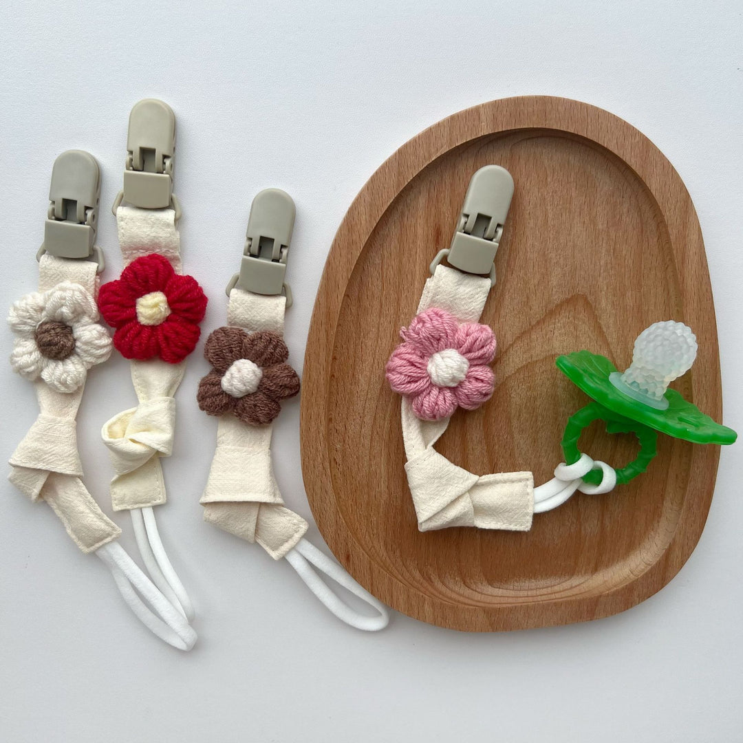 Handmade Cotton Pacifier Clip with Gingham Strap and Knitted Flower