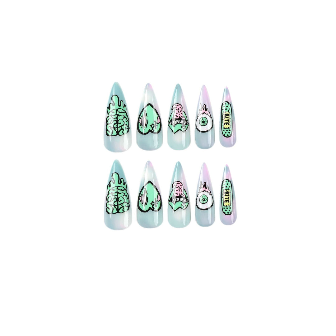 Artistic stiletto nails with creative designs and intricate detailing Kalsten