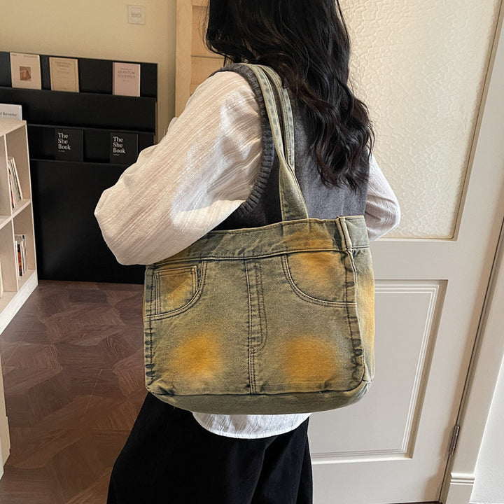 Denim-Inspired Multi-Pocket Tote Bag