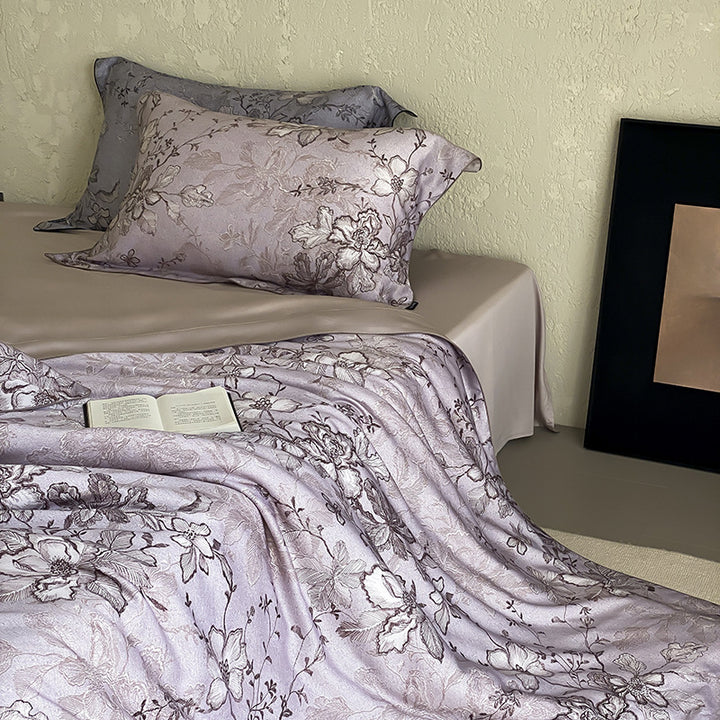 Jacquard bedding set with tonal floral relief and silky-matte finish