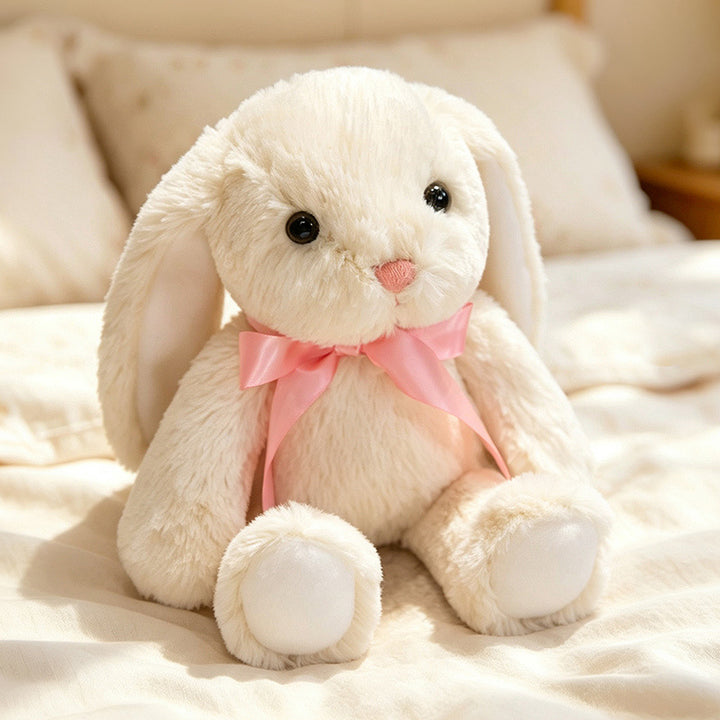 Plush Floral-Lined Ear Bunny Stuffed Toy with Embroidered Face and Curly Faux Fur Kalsten