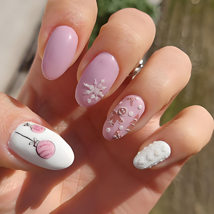 Acrylic nail set with festive Christmas designs and elegant embellishments Kalsten