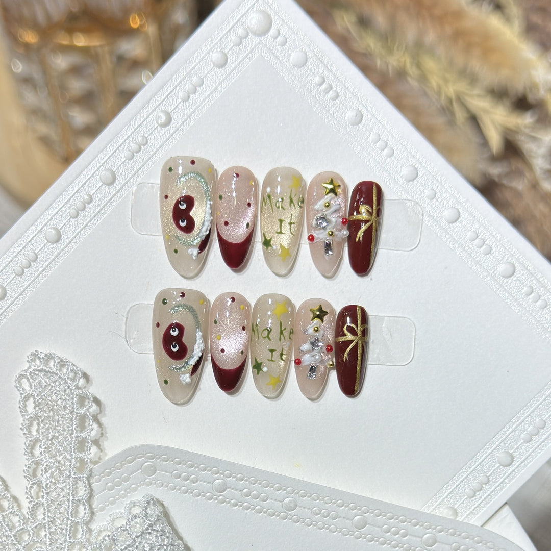 Festive Press-On Nail Art Set with Holiday Designs Kalsten