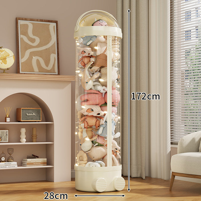 Tall Cylindrical Toy and Plush Storage Organizer with Clear Zip Cover and Rolling Vent Base