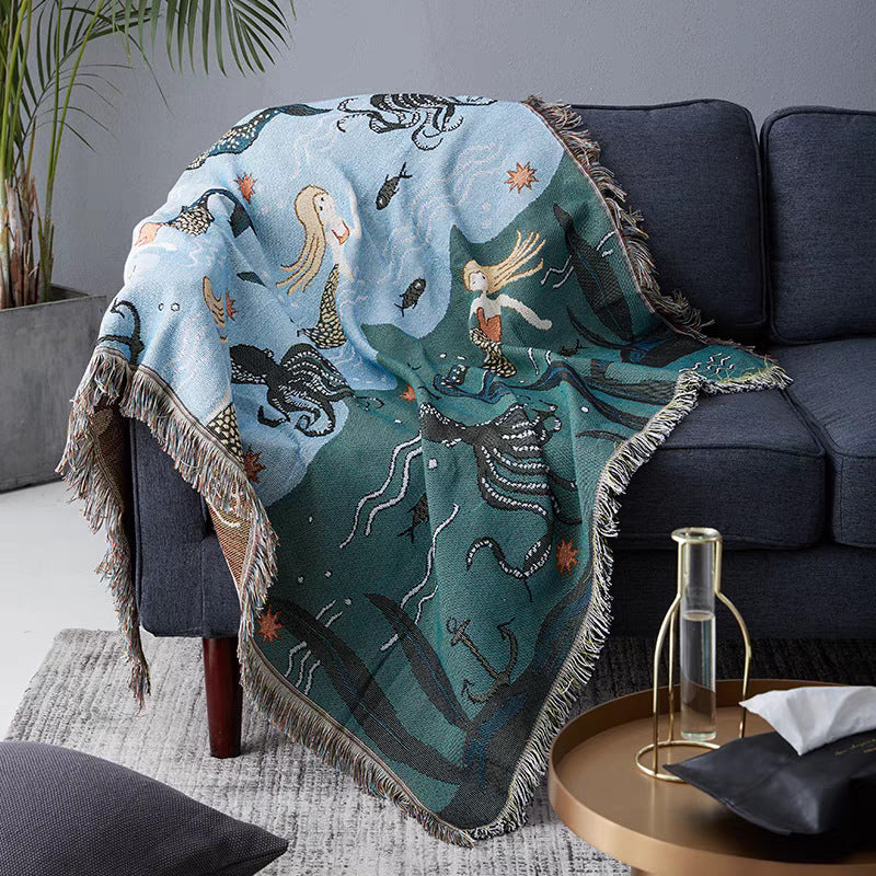 Artistic Mermaid-Themed Woven Throw Blanket
