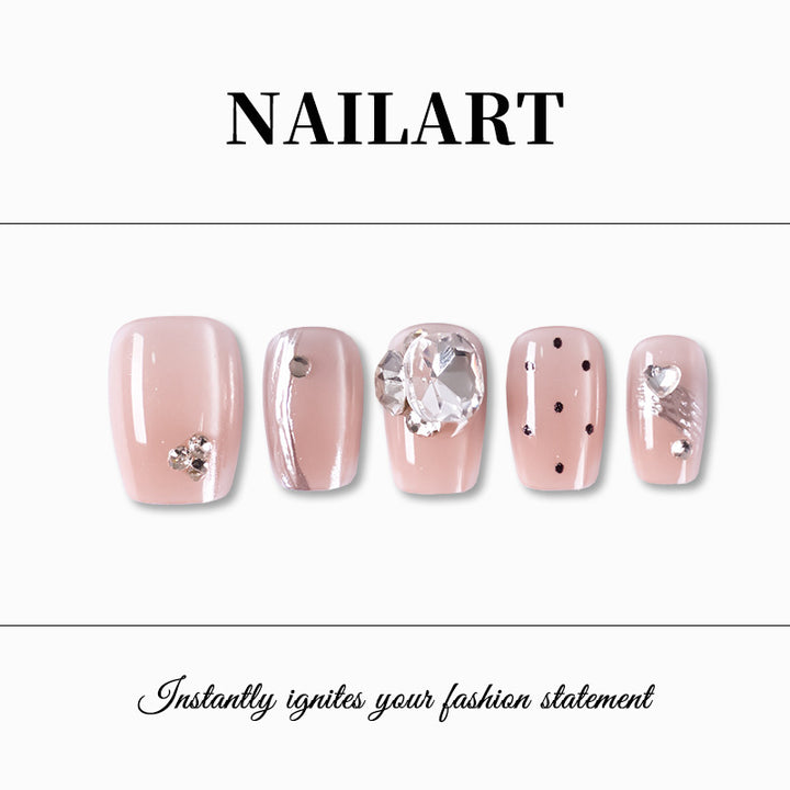 Artistic Press-On Nail Set with Rhinestone and Glossy Finish Kalsten