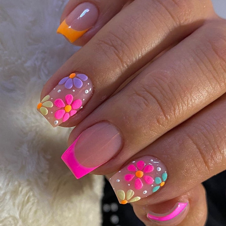 Artificial nail set with colorful flowers and creative French design Kalsten