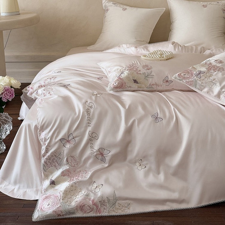 Luxurious cotton satin bedding set with floral embroidery and lace trim