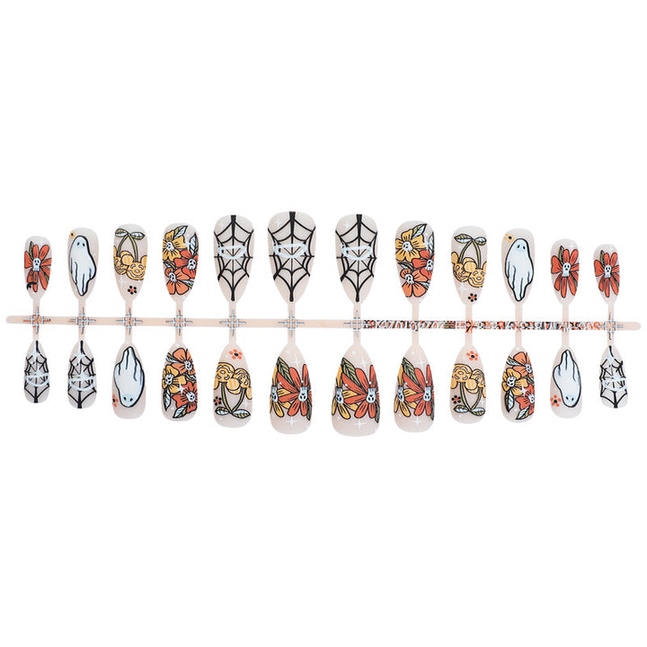 Artistic Press-On Nail Set with Seasonal Floral and Ghost Designs kalsten
