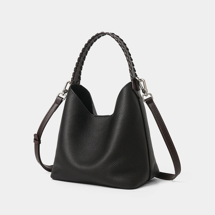 Pebbled Leather Bucket Hobo Bag with Braided Top Handle & Detachable Shoulder Strap