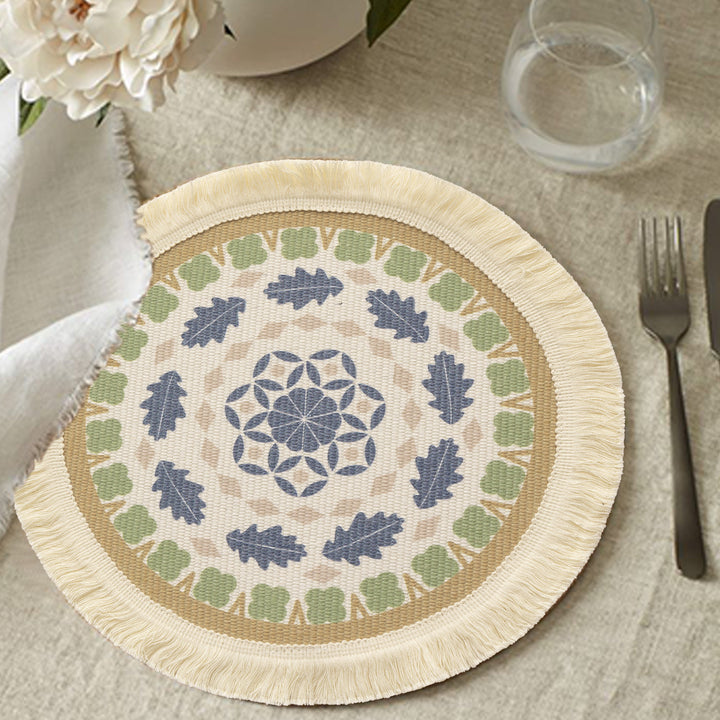 Round handmade woven decorative rug with fringes and botanical pattern Kalsten