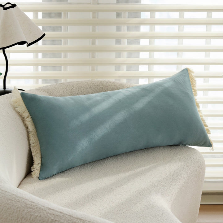 Rectangular microfiber lumbar pillow cover with decorative fringe border Kalsten