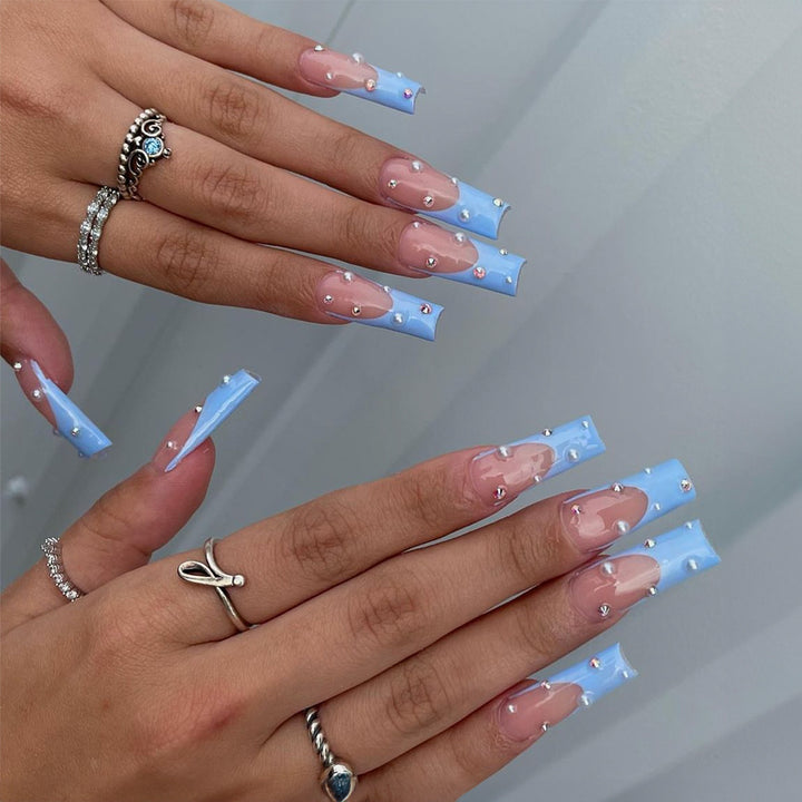 Premium Decorative Press-On Nail Set with Elegant Blue Tips and Jewel Accents Kalsten