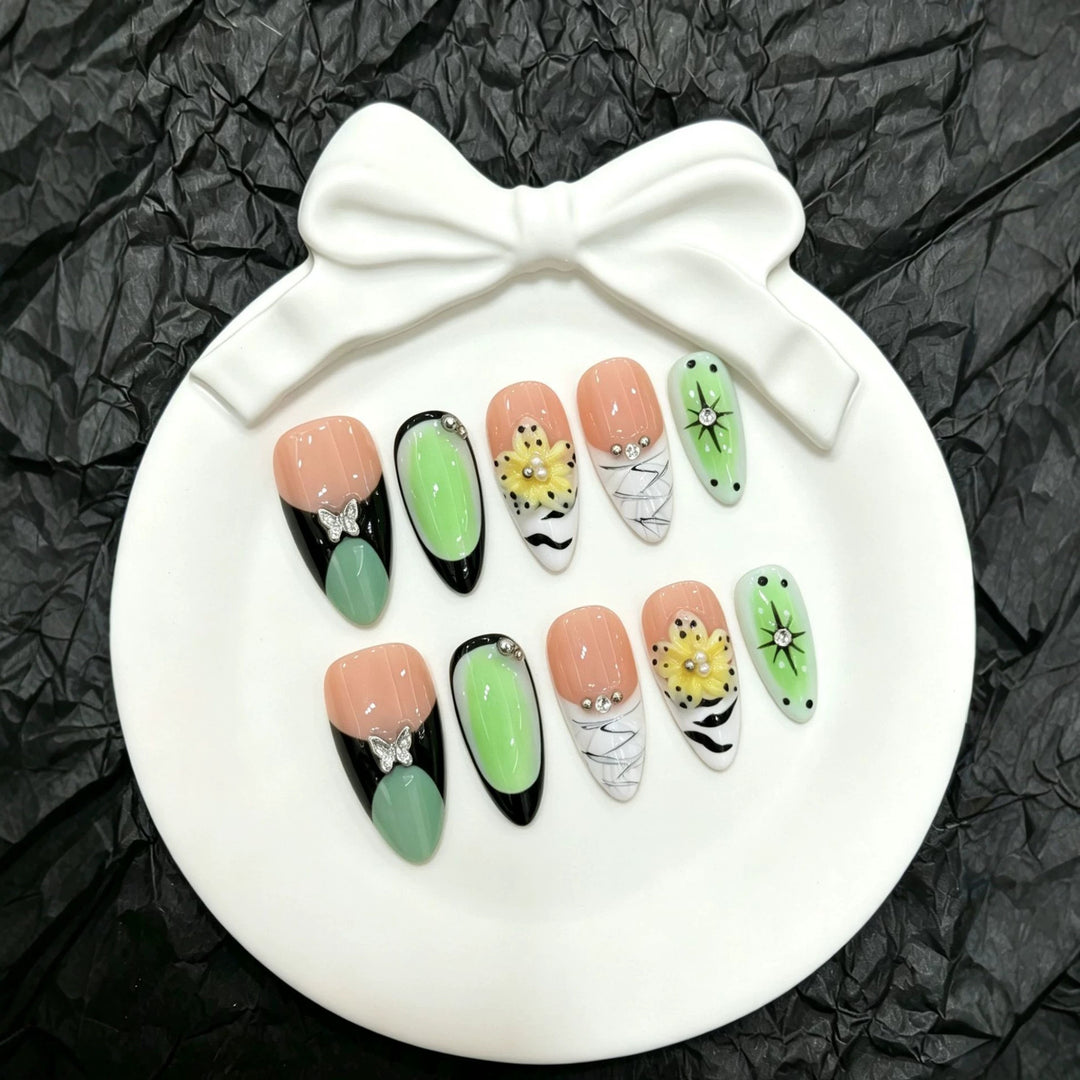 Artistic Press-On Nail Art Set with Floral and Butterfly Accents