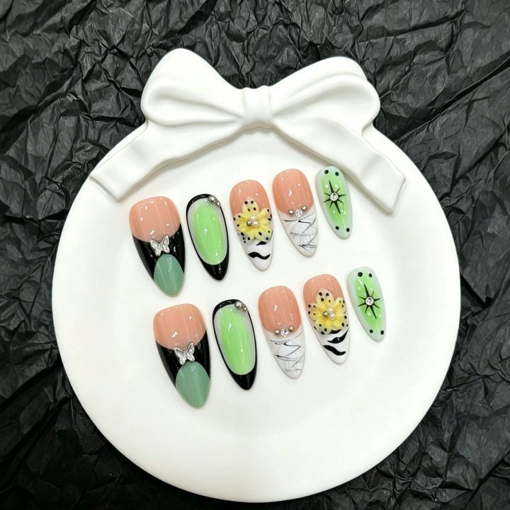 Artistic Press-On Nail Art Set with Floral and Butterfly Accents