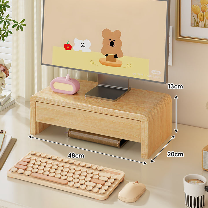 Wide Solid Wood Curved Desktop Monitor Stand Riser with Under-Shelf Storage