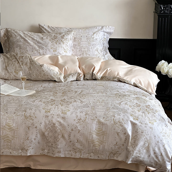 Luxurious satin bedding set with delicate rose patterns and button placket