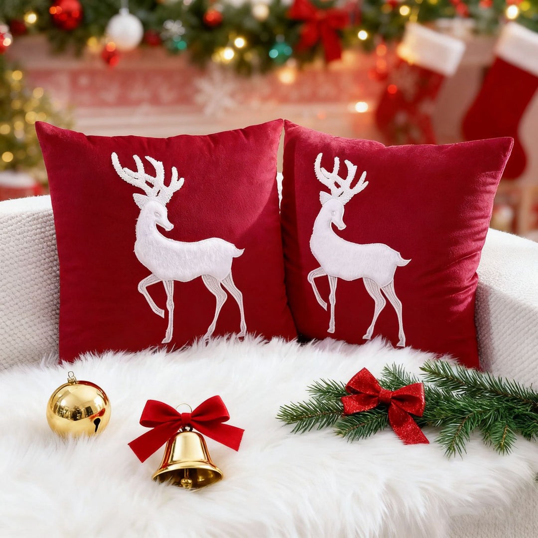 Velvet Reindeer Appliqué Square Throw Pillow Cover with Hidden Zipper