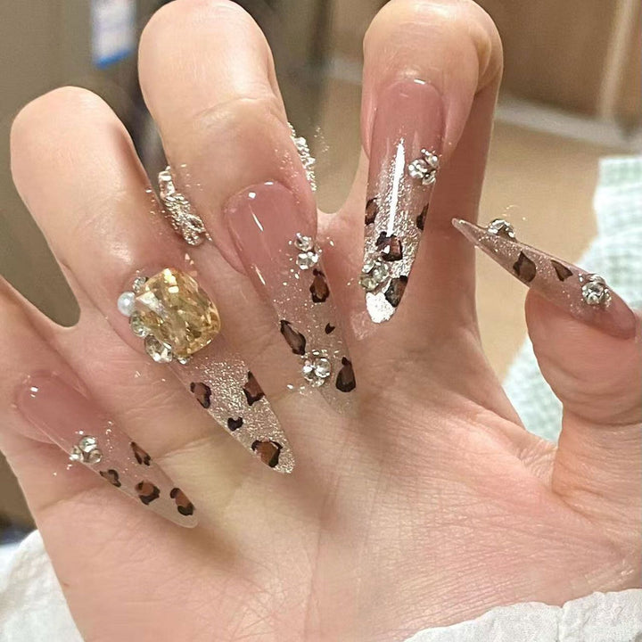 Artistic Stiletto Press-On Nails with Glitter and Leopard Design Kalsten