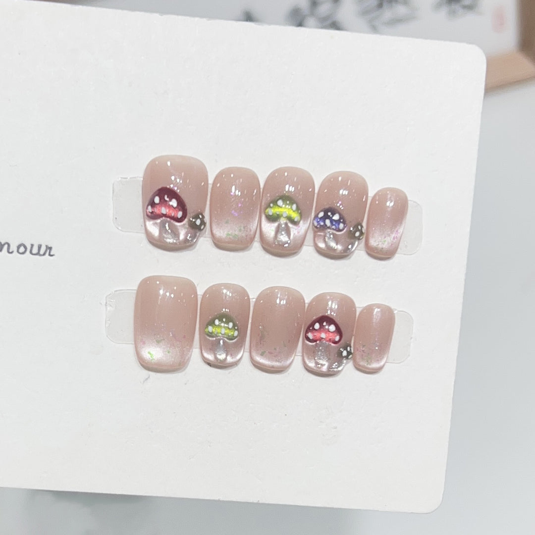 Artistic Press-On Nail Set with Playful Mushroom Designs Kalsten