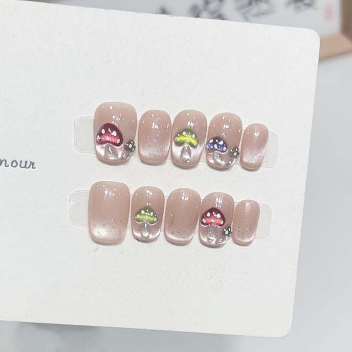 Artistic Press-On Nail Set with Playful Mushroom Designs Kalsten