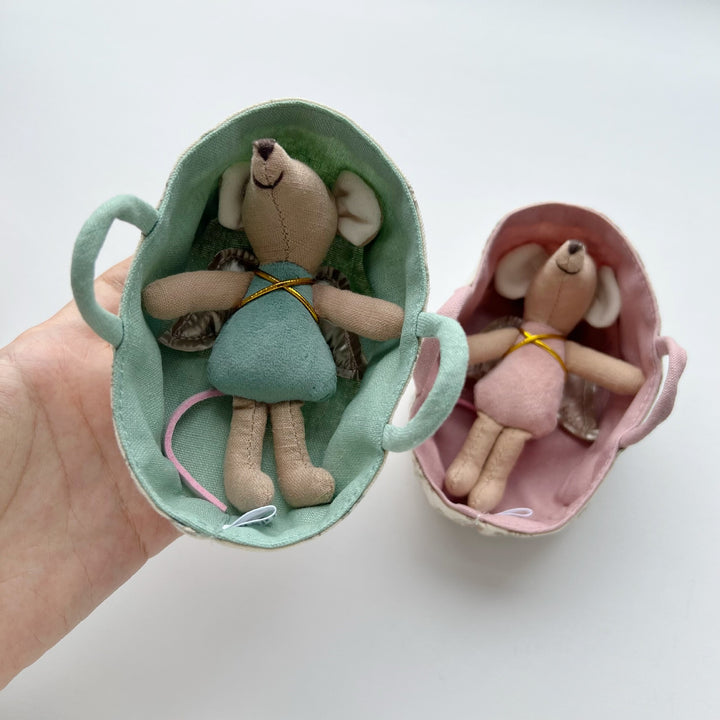 Mini Fabric Mouse Doll in Portable Linen Tote Playset