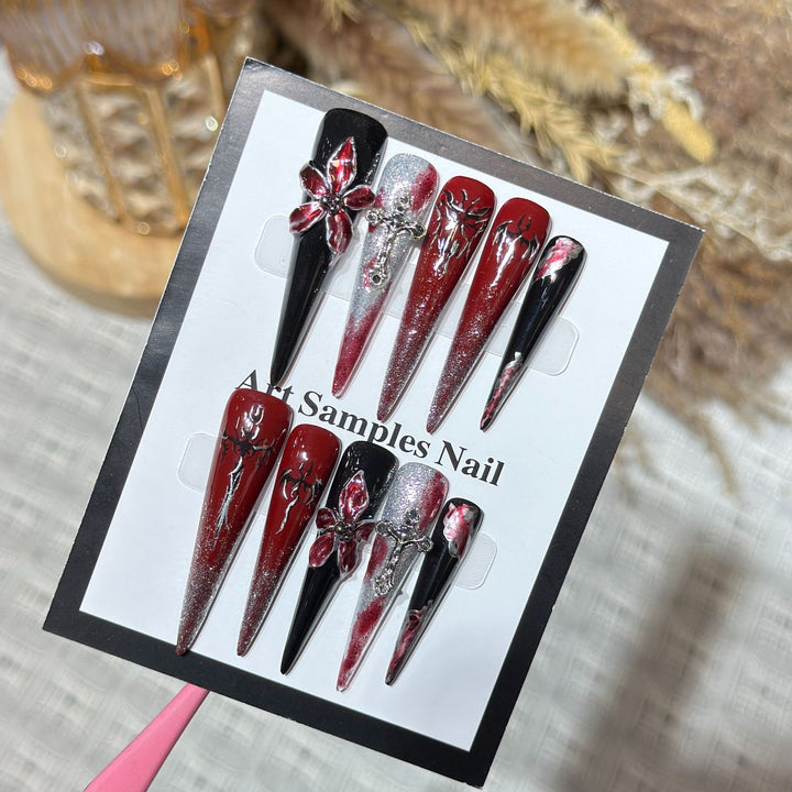Artistic Stiletto Press-On Nail Set with Unique Gothic Design Elements Kalsten