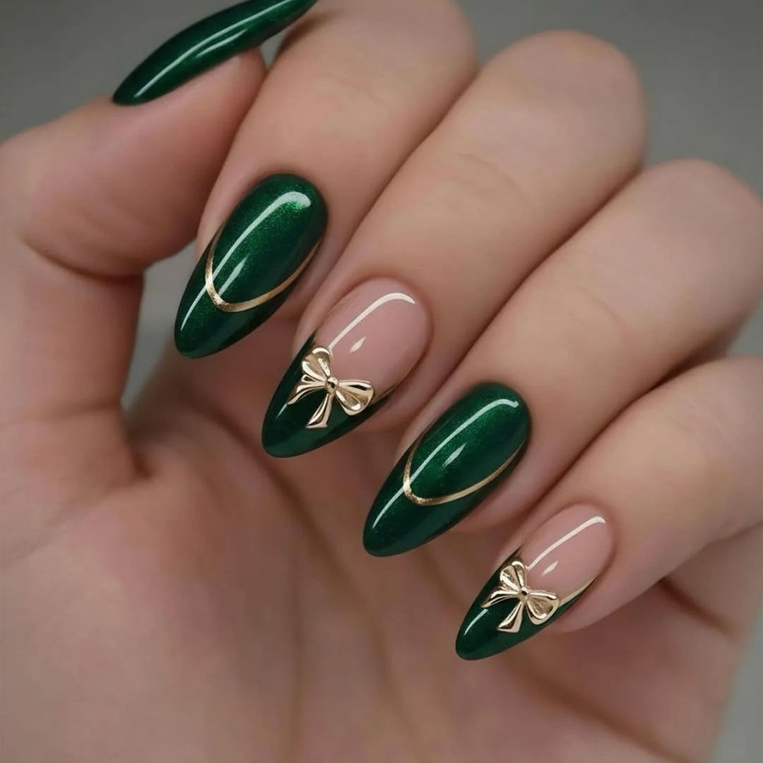 Elegant Stiletto Gel Nail Art Extensions with Decorative Bows Kalsten