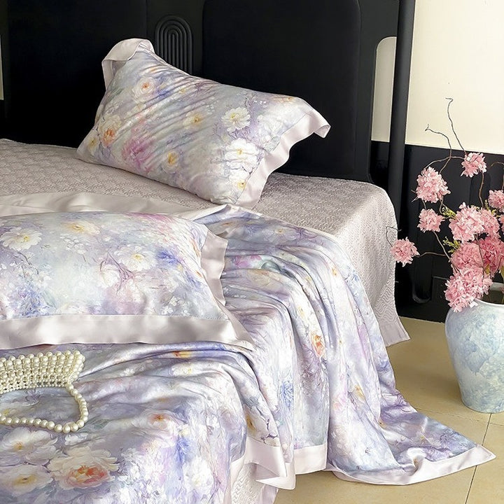 Satin bedding set with floral watercolor print and silky shiny finish
